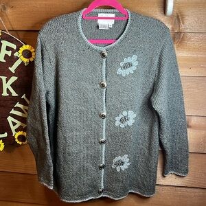 Vintage Lilly of California Chunky Knit Wool Button Gray Floral Oversize Sweater